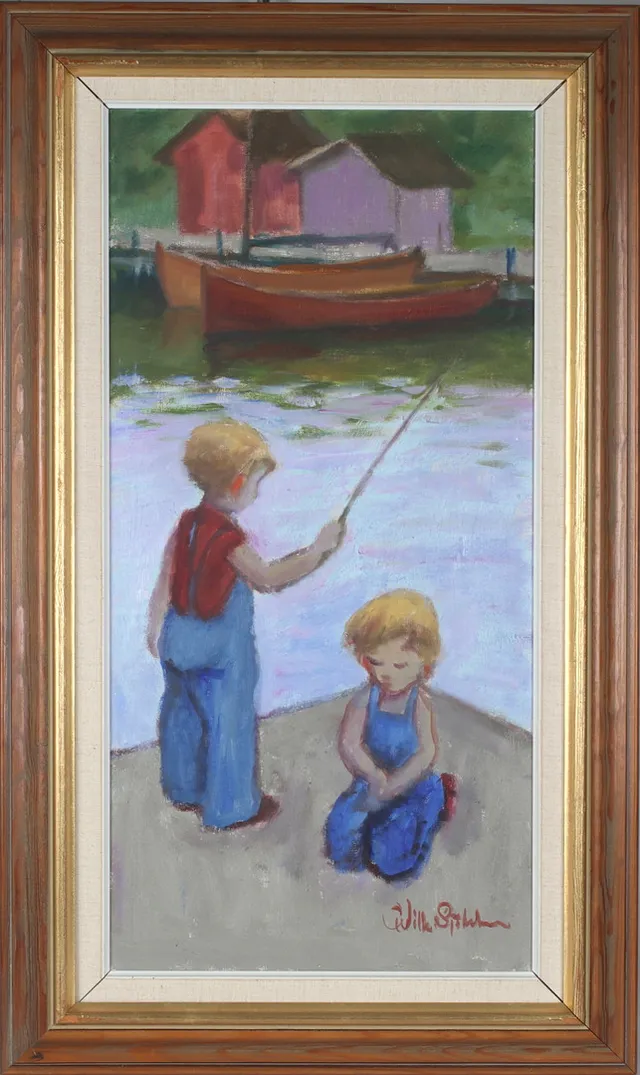 WILHELM SJÖHOLM. Metande barn, olja på duk, signerad.