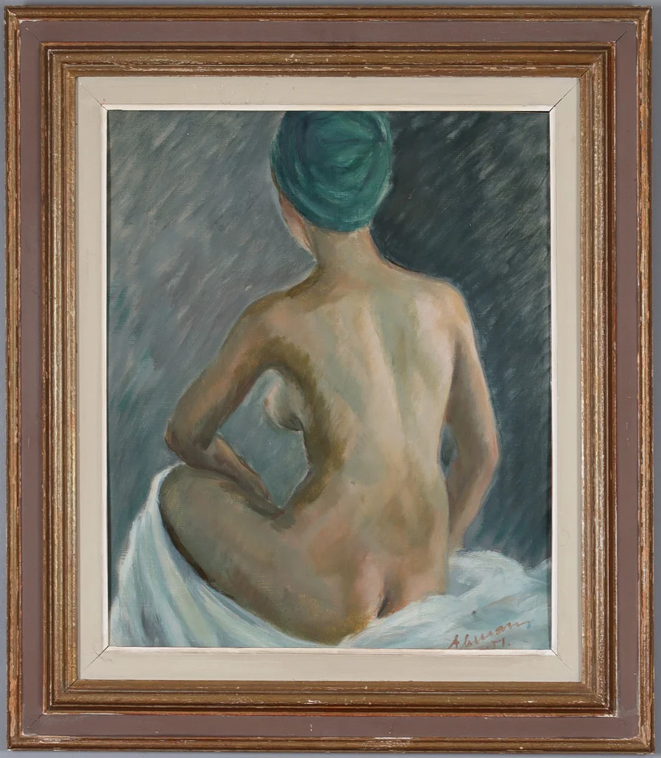 OIDENTIFIERAD KONSTNÄR. Kvinnostudie, olja på pannå, signerad och daterad -51. — Paintings — Stadsauktion Sundsvall