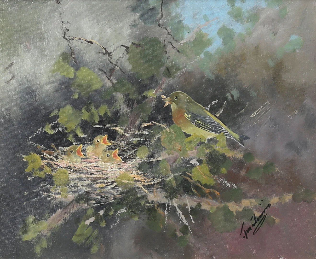 TORBJÖRN MARTINSSON. "Grönfink vid boet". Olja på duk, signerad. — Paintings — Auktionshuset Thelin & Johansson