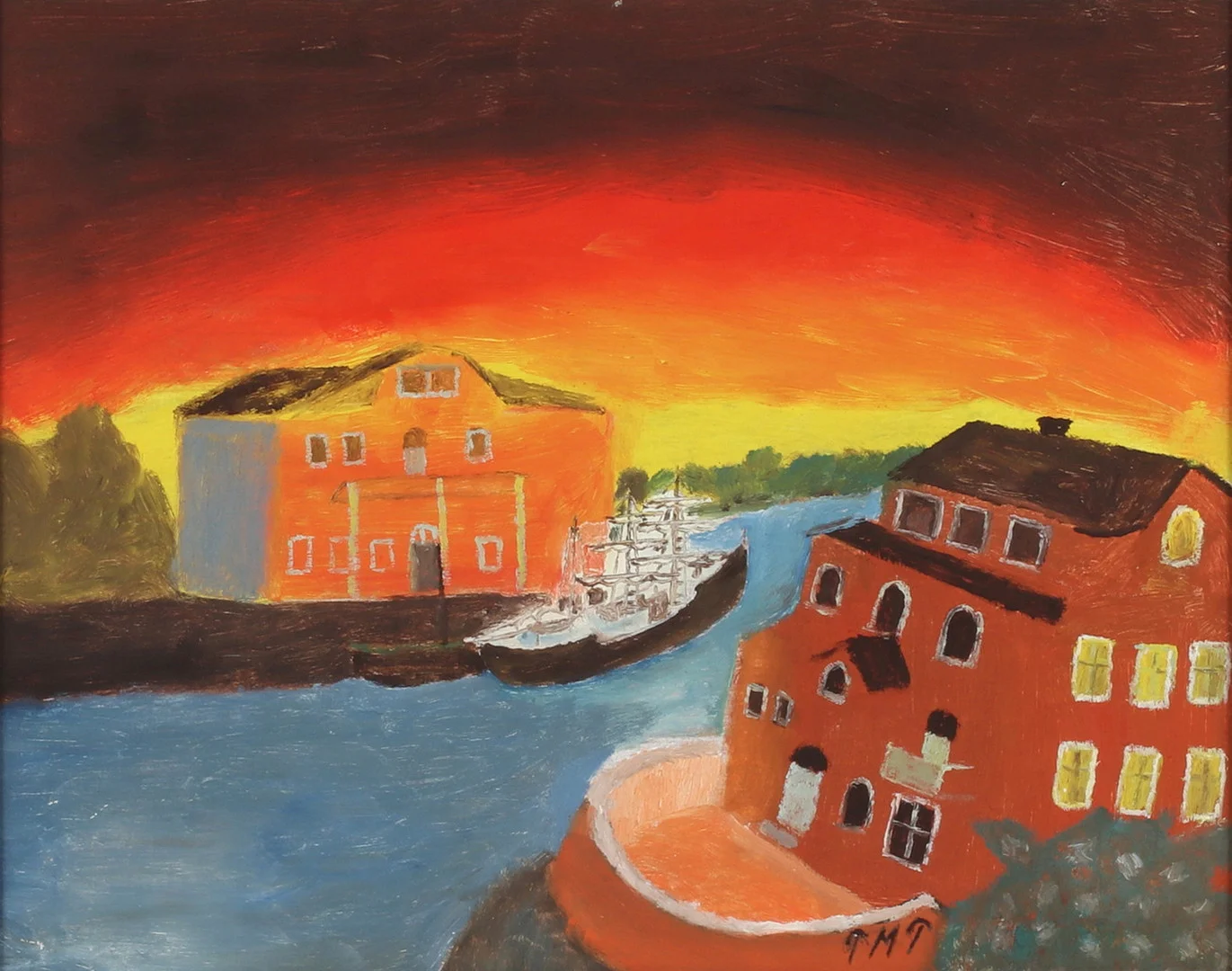 PRIMUS MORTIMER PETTERSSON. Landskap med hus och fartyg, olja på pannå, monogramsignerad PMP. — Paintings — Stadsauktion Sundsvall