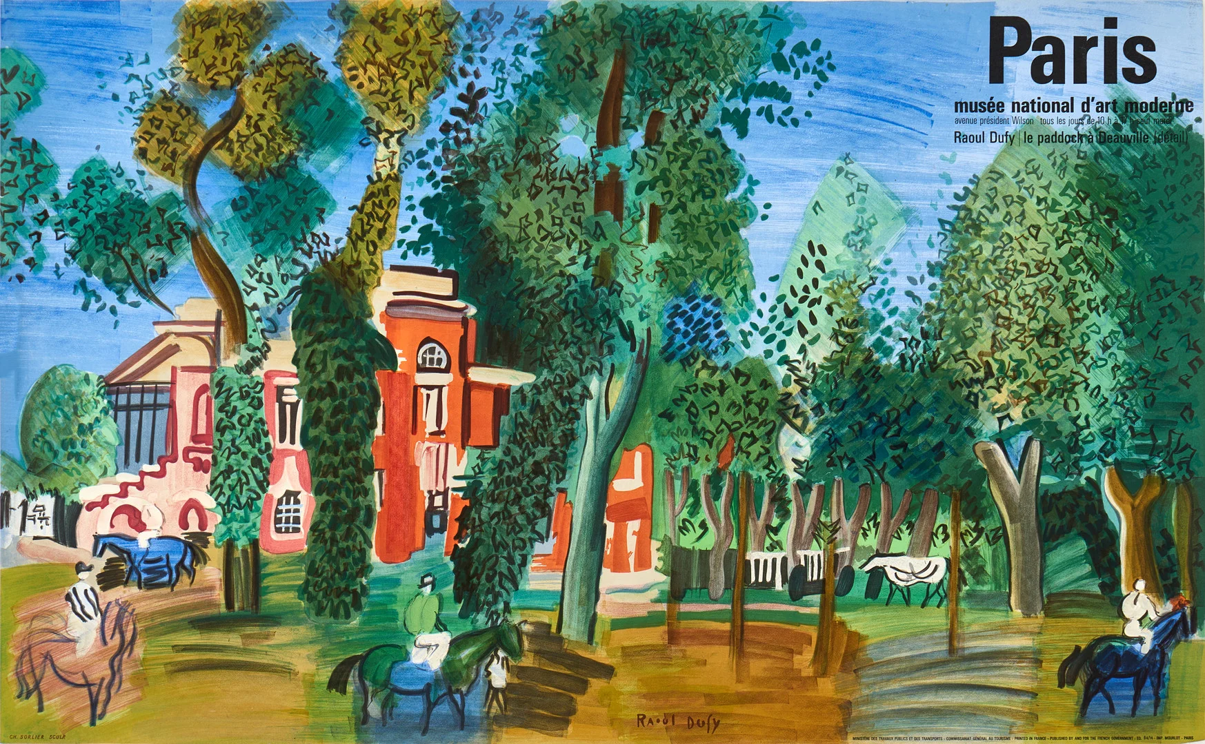 RAOUL DUFY (Frankrike, 1877-1953). Efter. Färglitografisk affisch, "Le paddock à Deauville" (detalj), 1964, signerad i trycket, Musée d'Art Moderne de Paris / Frankrike. — Engravings & Prints — Crafoord Auktioner Stockholm