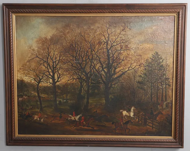 ATTRIBUTED TO RUDOLF STONE (1838-1914). A HUNTING SCENE WITH FIGURES ON HORSEBACK IN A WOODLAND GLADE.