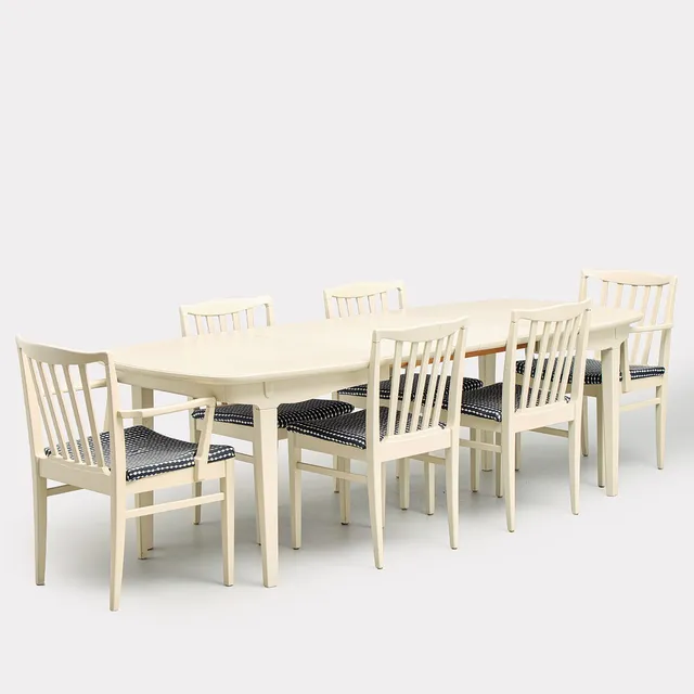 ERIK WÖRTZ. Matgrupp, "Gripsholm", bestående av 4 stolar, 2 armlänstolar, 1 bord samt 2 iläggsskivor, Ikea, 1960-tal, ".