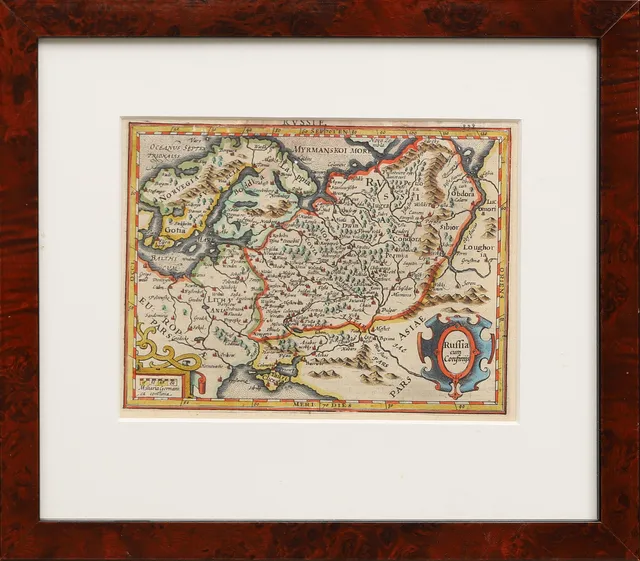 ANTIK KARTA. Kolorerat kopparstick, "Russia cum Confijnis", Jodocus Hondius. 1600-tal.