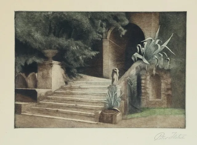 “Fra haven i Villa d'Este”. 1931. Opus 70. Signed Peter Ilsted. Mezzotint in colours. 24×30 cm.