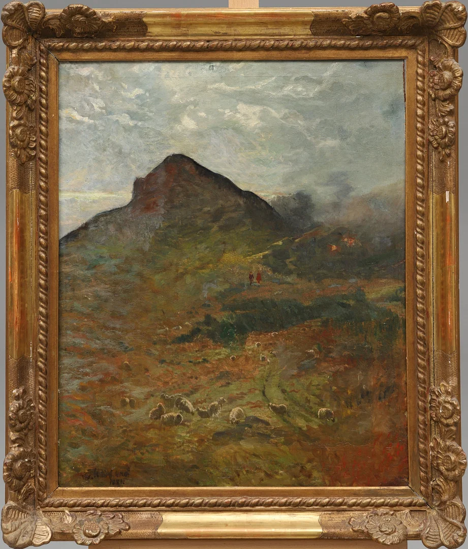 OKÄND KONSTNÄR. Bergigt landskap med får, olja på uppfodrad duk, bär senare/förstärkt signatur och datering 1881. — Paintings — Crafoord Auktioner Malmö