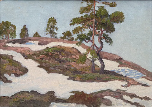 OIDENTIFIERAD KONSTNÄR. "Skiss: Motiv från Furuvik", olja på pannå, signerad Oscar Pierrou och daterad 1915.