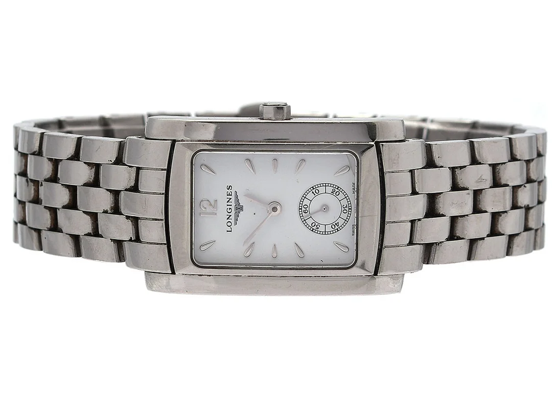 LONGINES, Dolce Vita, Cal 176, Serie nr. 33737448, Ref nr. L5.502.4.16.6, Boett nr. L5.502.4, damur, 22,5 x 27 (33,5) mm, stål, quartz, safirglas (nagg), liten sekundvisare, skadad urtavla, originallänk, viklås, Ref nr. L600075172, ca 2005. — Klockor/Longines — Kaplans