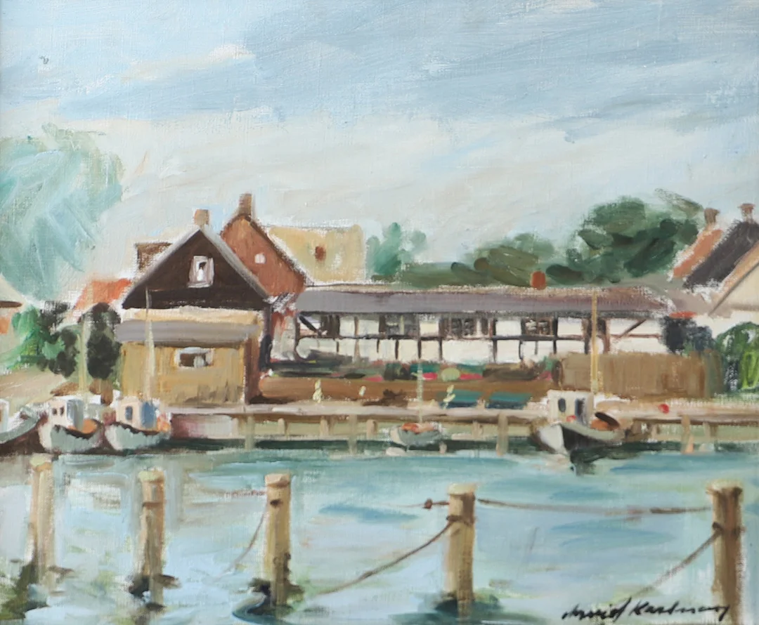 ARVID KARLSSON. Hamn med förtöjningspålar, olja på duk, signerad. — Paintings — Helsingborgs Auktionskammare