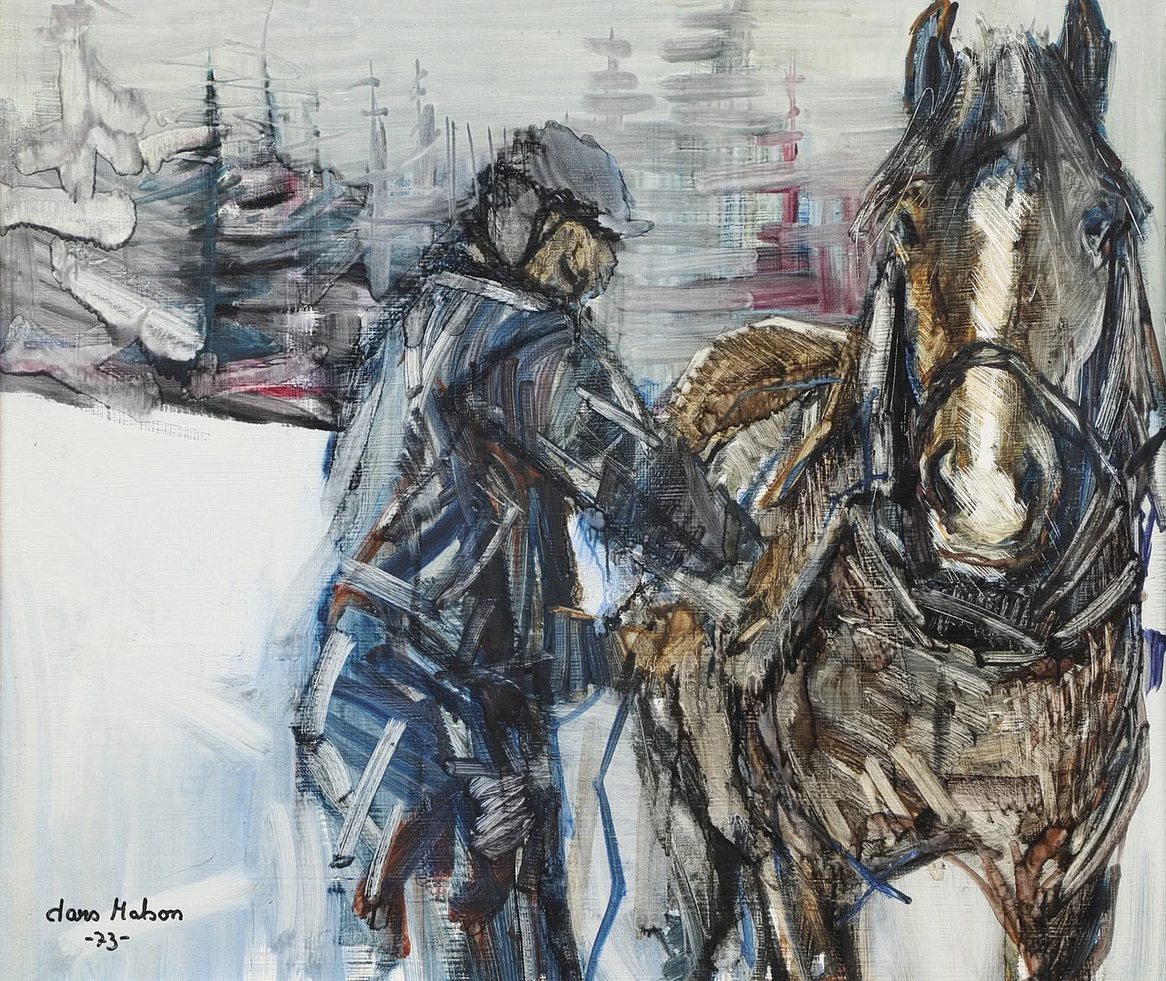 LARS MATSON. Olja på pannå, "Man med häst", signerad, daterad -73. — Paintings — Ekenbergs Auktioner