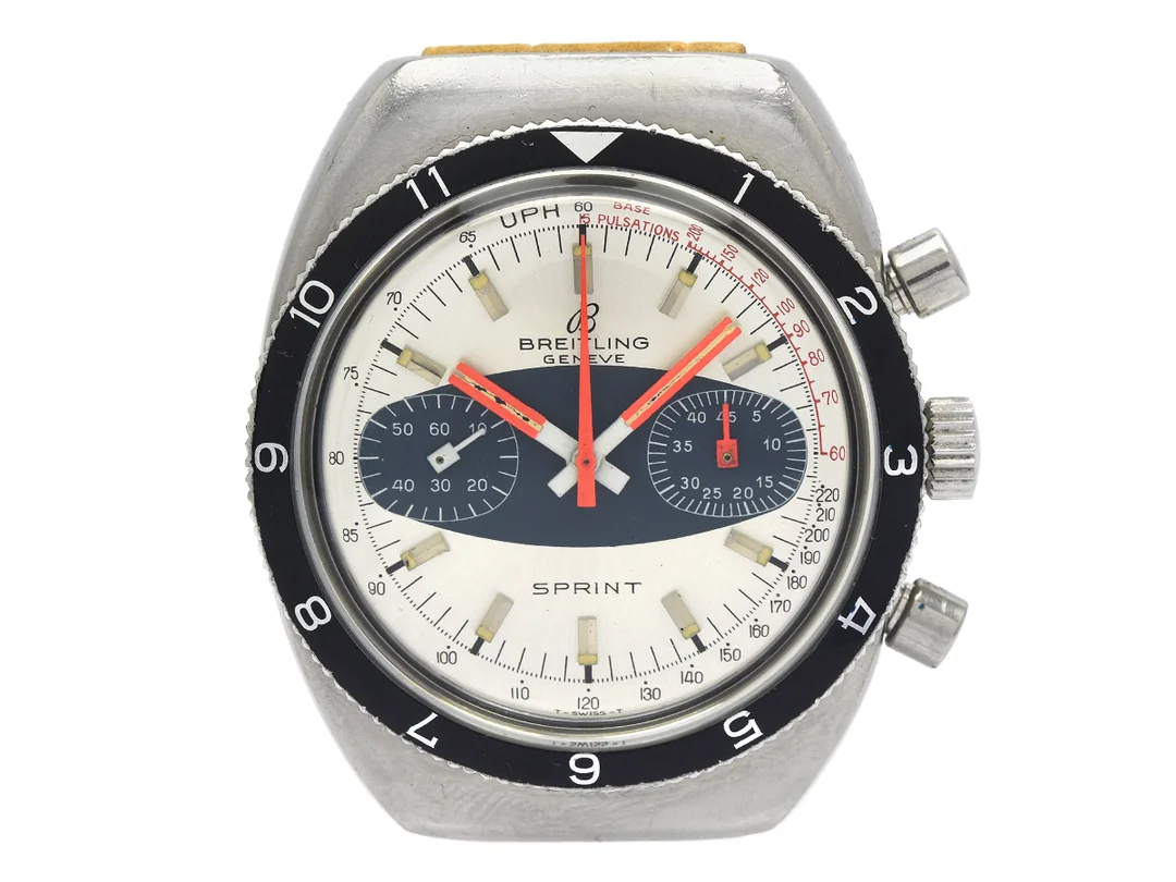 BREITLING, Geneve, Sprint, "Pulsations", Cal Valjoux 7730, Serie nr. 1348711, Ref nr. 2212, kronograf, herrur, 39 mm, stål, manuell, plexiglas, läderband, ca 1970. — Klockor/Breitling — Kaplans