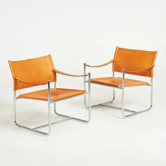 KARIN MOBRING. Safarifåtöljer, 1 par, "Amiral", för Ikea 1971, läder, kromade stålrör.
