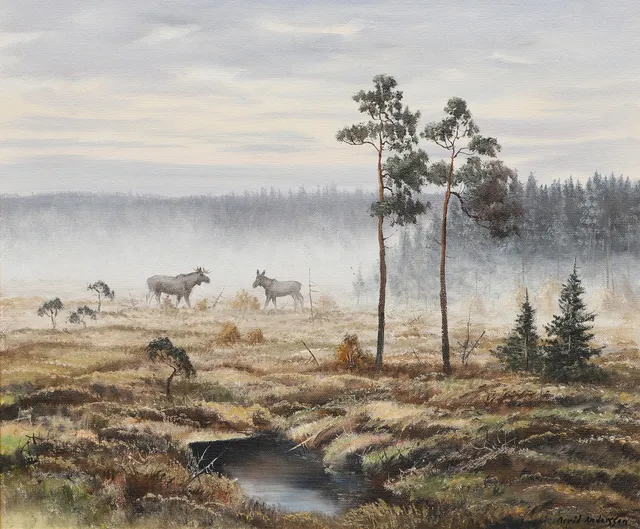 ARVID ANDERSSON. Olja på duk, älgar på myr, signerad.