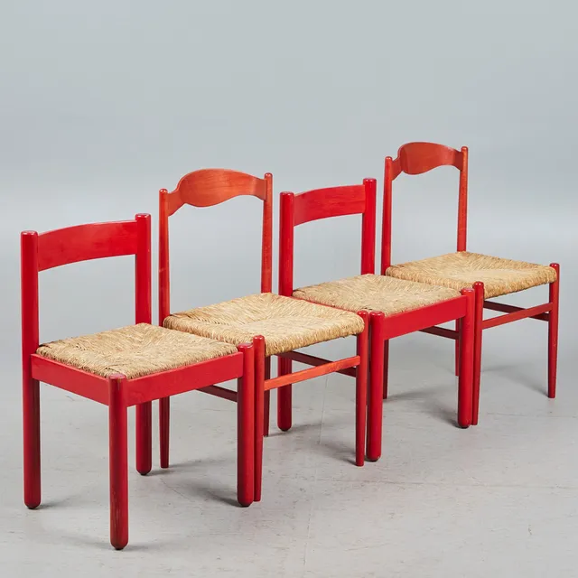 Vier Stühle / Esszimmerstühle, Buche, Bastgeflecht, 1970er Jahre, Italien (4).