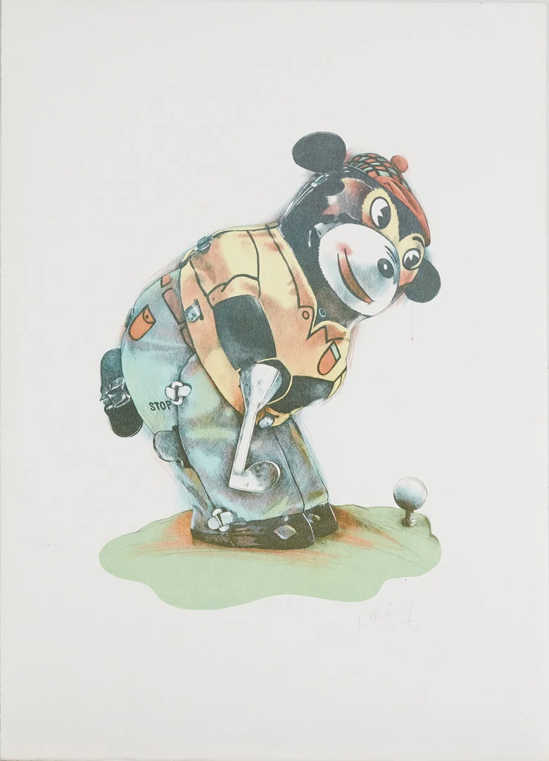 LASSE ÅBERG. "Mechanical Bear Golfer", färglitografi, signerad. — Engravings & Prints — Stockholms Auktionsverk Magasin 5