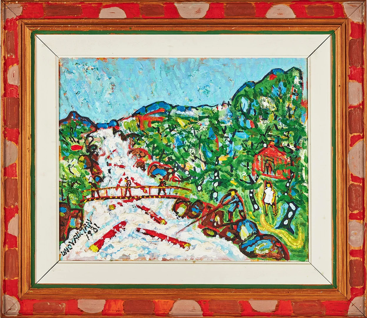 UNO VALLMAN. Timmerflottning, olja på duk, signerad och daterad 1981, ram bemålad av konstnären. — Paintings — Stockholms Auktionsverk Sickla