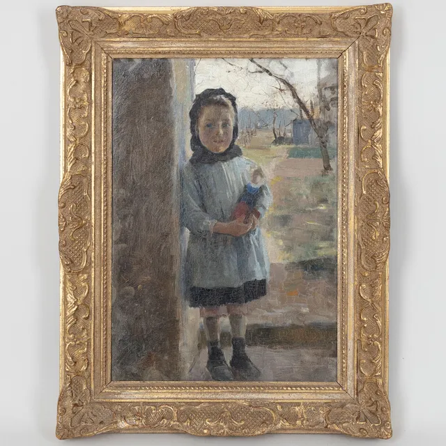 EERO JÄRNEFELT. Flicka med sin docka, olja på pannå, a tergo märkt Eero Järnefelt Paris samt otydligt daterad.