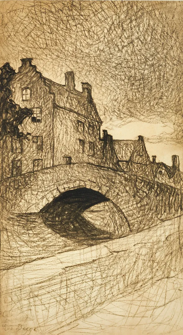 EVA BAGGE (Sverige, 1871-1964), Bron vid staden, signerad, kolteckning.