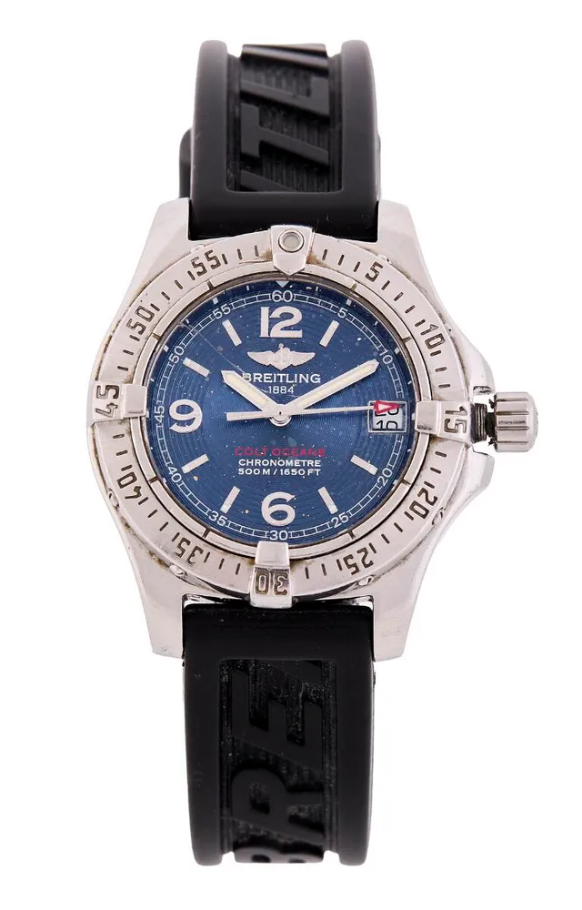 Colt Oceane of steel, ref. A77380. Quartz movement with date indication, cal. B77. Breitling rubber strap with Breitling C-type buckle. Ø 33 mm. 2006.