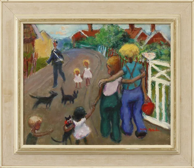 WILHELM SJÖHOLM. Figurscen, olja på duk, signerad.