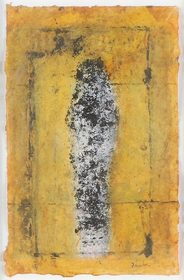 NILS GUNNAR ZANDER. Blandteknik. Mumie mot gul fond. Signerad.