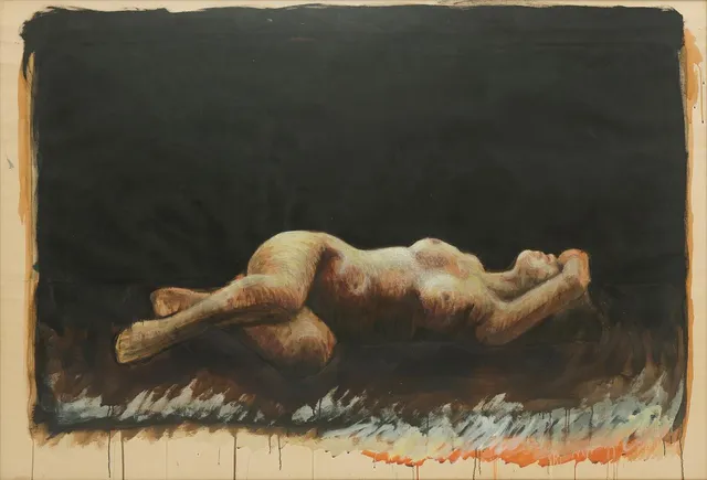 Laying woman. Unsigned. Mixed media on paper. Visible size 128×185 cm.