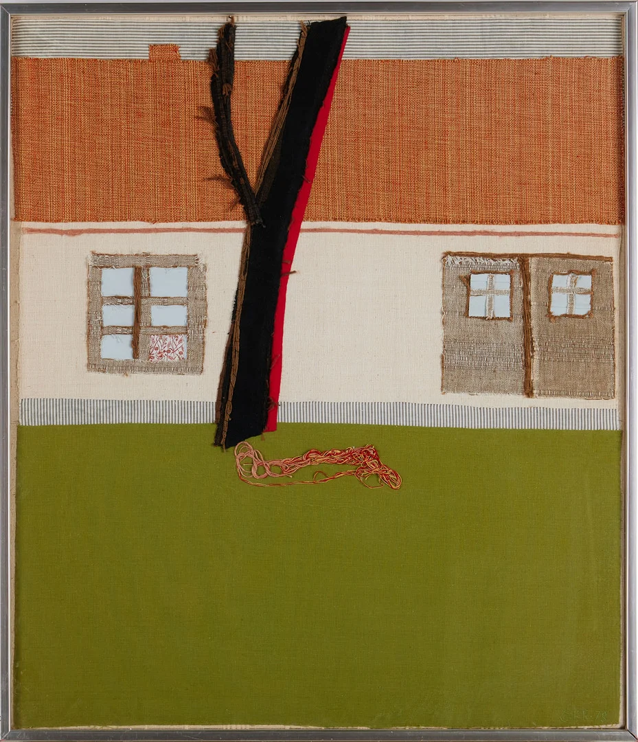 GUNILLA EKSTRÖMER FÜRST (FÖDD 1933). Hösttak, komposition, assemblage, textil, signerad och daterad "GEF - 78". — Other — Stockholms Auktionsverk Magasin 5