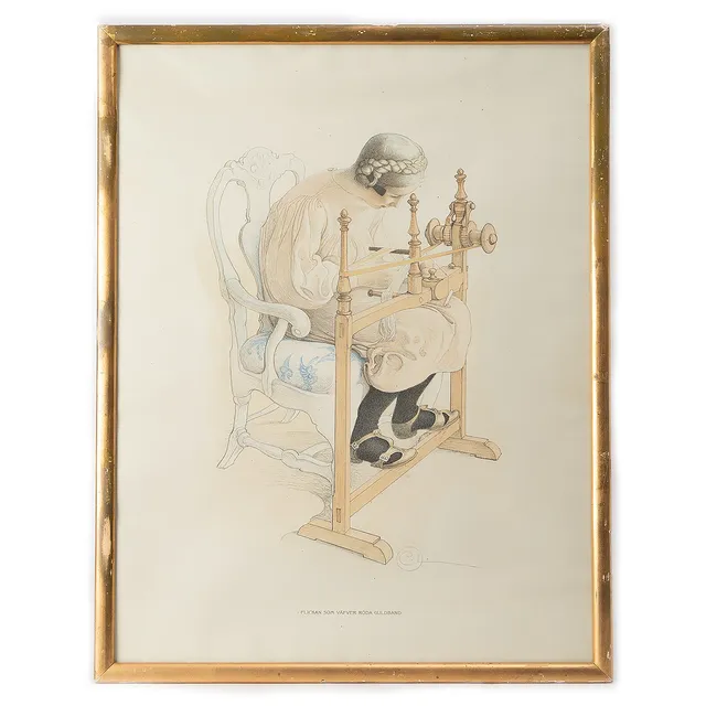 CARL LARSSON. Efter. Färglitografi, "Flickan som väfver röda guldband", signerad C.L i trycket.
