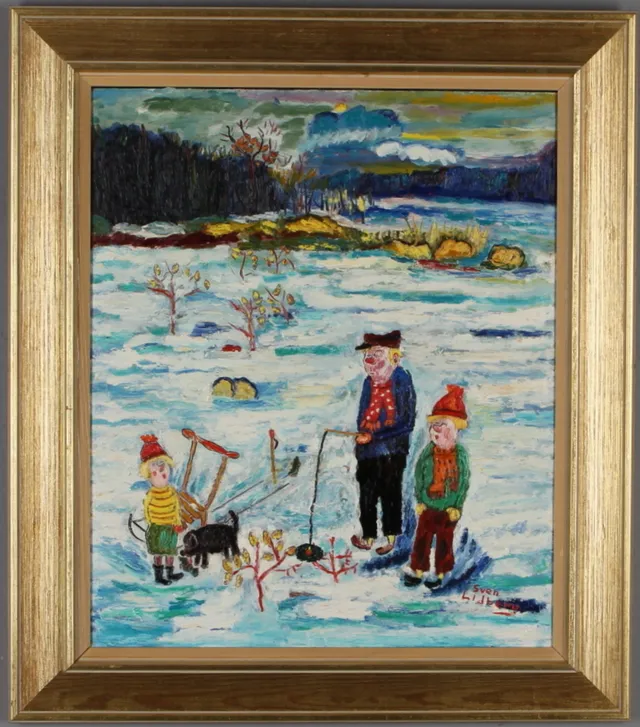 SVEN LIDBERG. Pimpelfiske, olja på pannå, signerad.