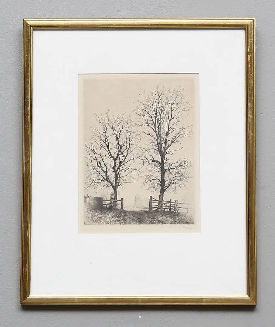 FOLKE GULLBY. "Oktoberdag efter regn". Etsning. Nr 97, 1943. Signerad. — Engravings & Prints — Gomér & Andersson Linköping