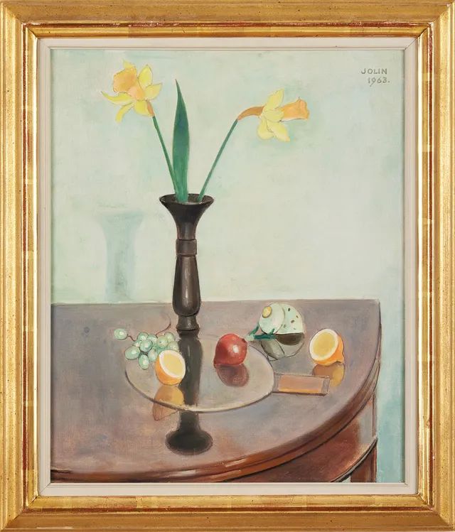 EINAR JOLIN. Stilleben med påskliljor, olja på duk, 46 x 38 cm.