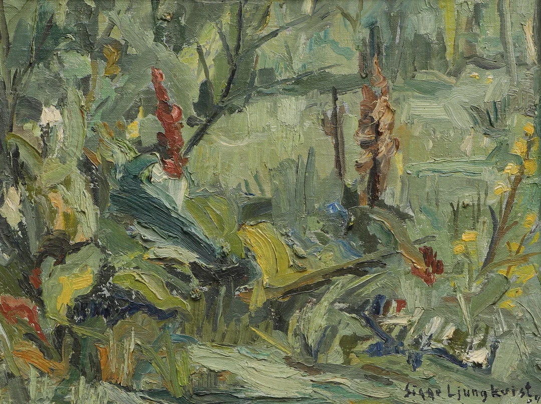 SIGGE LJUNGKVIST. Olja på pannå, "Ängsblommor", signerad och daterad 46. — Paintings — Ekenbergs Auktioner