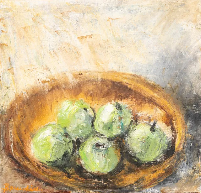 HANNA BRUNDIN (1914-2000). "Gröna äpplen", olja på duk, signerad.