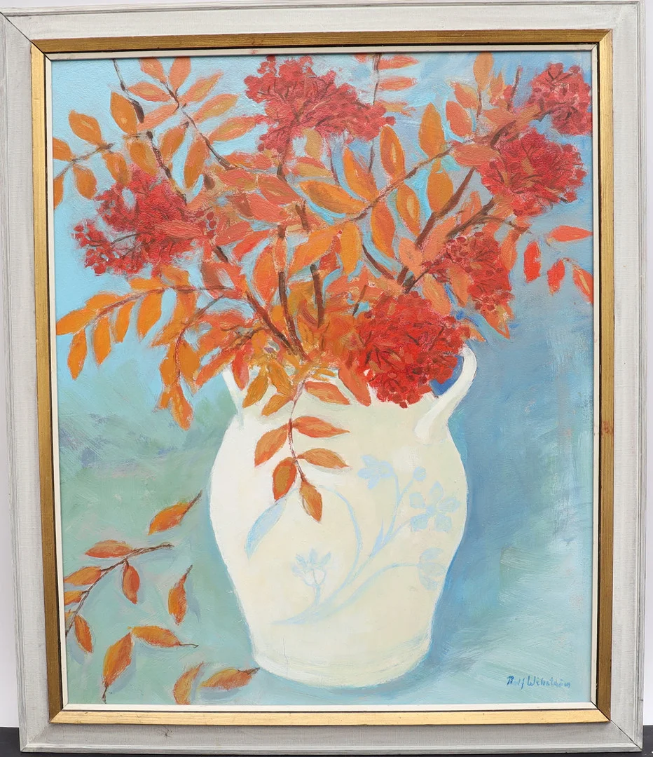 ROLF WIKSTRÖM. "Rönnbär" oljemålning på pannå, signerad. — Paintings — Falun Auktionsbyrå