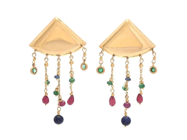 ÖRHÄNGEN, 18K guld, rubiner, smaragder, safirer, höjd 60 mm, vikt 16,5 g, clips/stift.