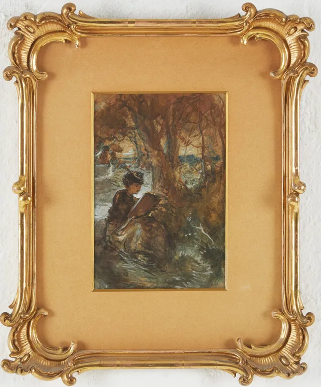 EGRON LUNDGREN. Tecknande kvinna, akvarell med täckvitt på papper, monogramsignerad EL.