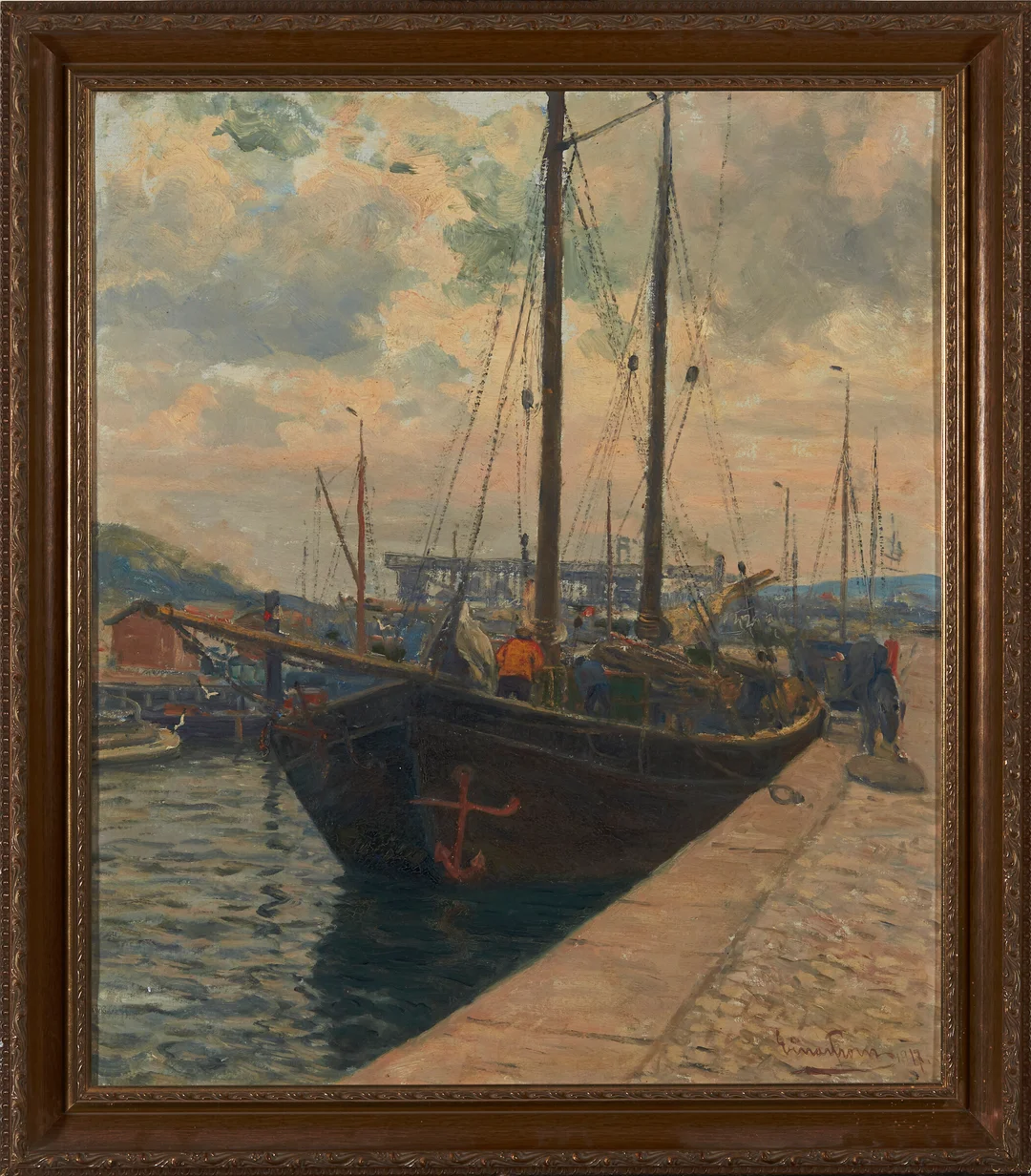 From, Einar — "Fra Akerselven, brygge tæt ved Nylands verft" 1917 — Kunst/Maleri — Blomqvist