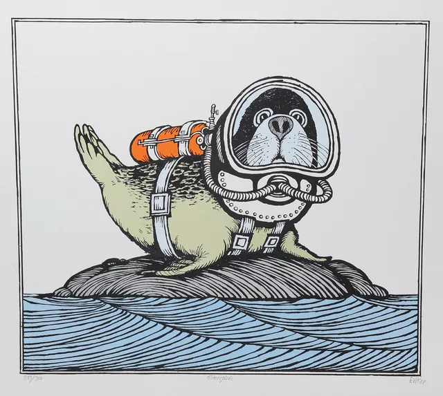 EWERT KARLSSON. "Östersjösäl", litografi, signerad EWK 88.