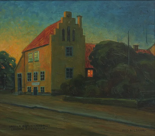 ANDERS NILSSON (1859-1936). "INSULA DOMENICANORUM LONDONI GOTHORUM" (KROGNOSHUSET, MÅRTENSTORGET, LUND), SANNOLIKT UTFÖRT UNDER NÅGOT AV 1900-TALETS FÖRSTA ÅR.