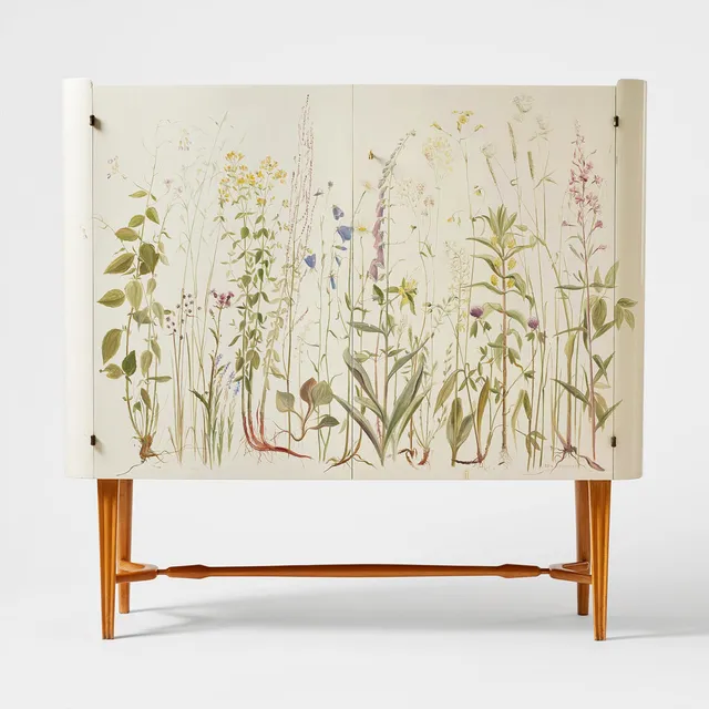 ERIK CHAMBERT. Cabinet, AB Chamberts Möbelfabrik, Norrköping, 1945, white lacquered with painted decoration of Swedish summer flowers personally executed by Erik Chambert.