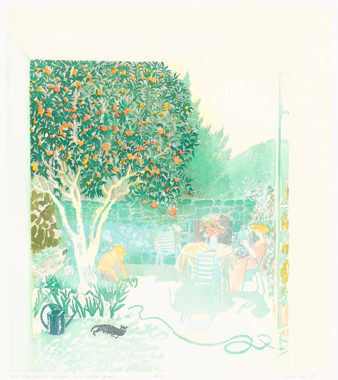 Finne, Ferdinand — "Under appelsintreet - hommage à Ingrid Lindbäck Langaard" 1990 — Kunst/Grafikk — Blomqvist