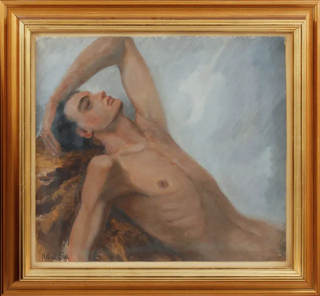 ALBERT ELDH. Ung man, olja på papp, signerad.