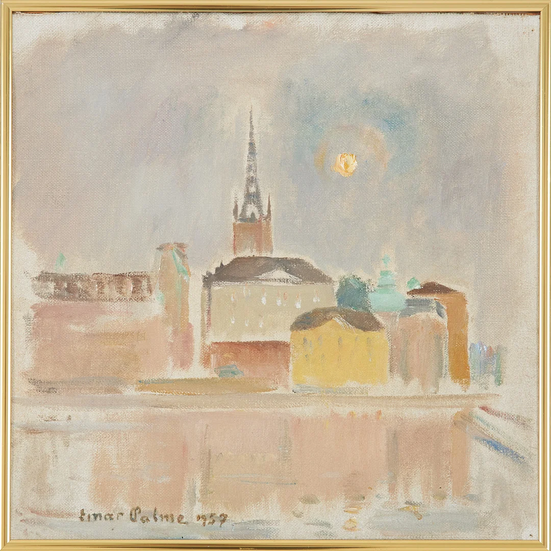 EINAR PALME. olja på duk uppfodrad på pannå, signerad samt daterad 1957. — Paintings — Stockholms Auktionsverk Sickla