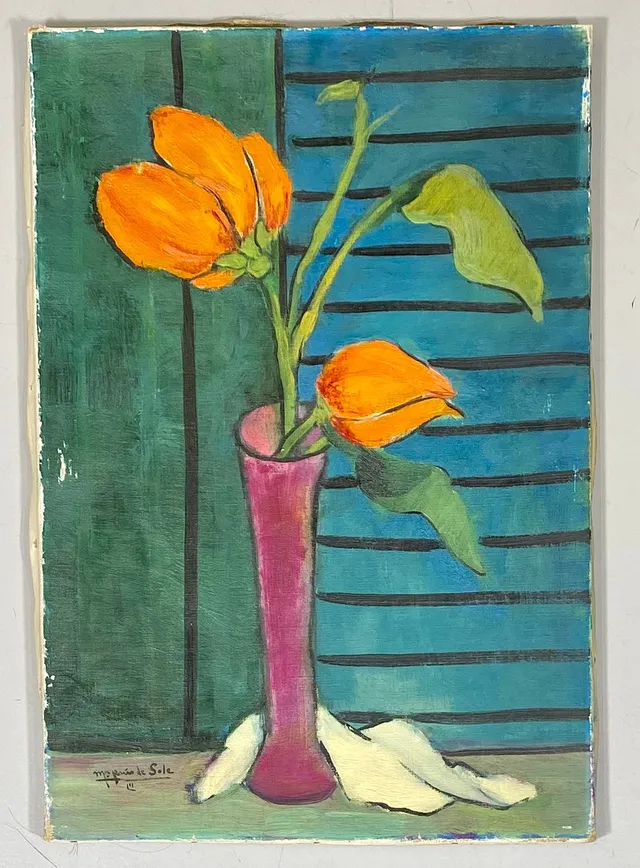 MARIA JESÚS DE SOLÀ YUSTE (1922). JARRÓN CON FLORES. ÓLEO SOBRE LIENZO.