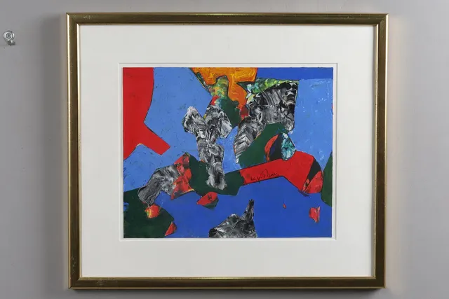 LAJOS FLESSER. Blandteknik på papp, abstrakta figuriner, signerad.