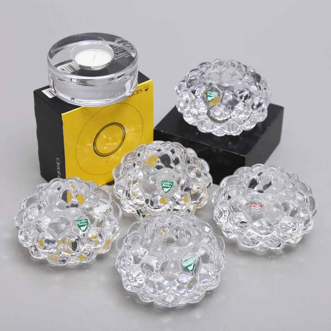 LJUSLYKTOR, 6 st, Hallon samt Puck, glas, Orrefors. — Utility glass — Auktionshuset Thelin & Johansson
