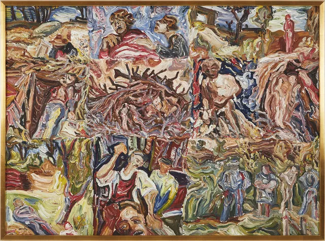 EVERT LINDFORS. Figurkomposition, olja på pannå, signerad Lindfors.