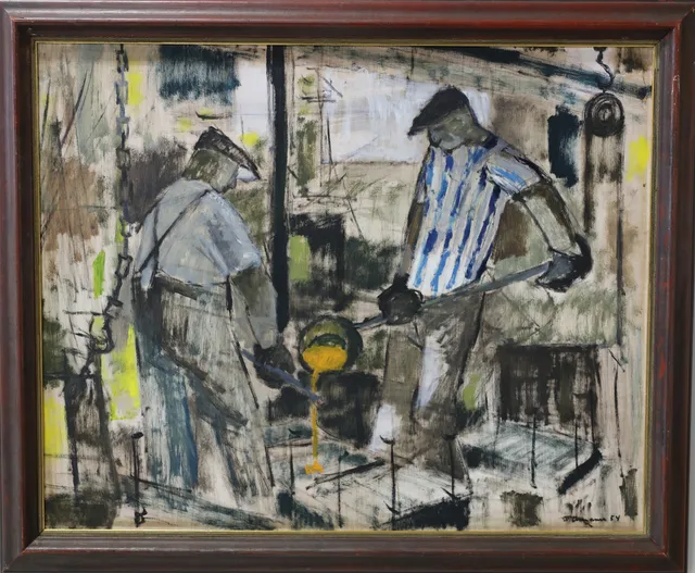 HARRY WICHMANN. olja på pannå, industrimiljö, signerad och daterad 1954.