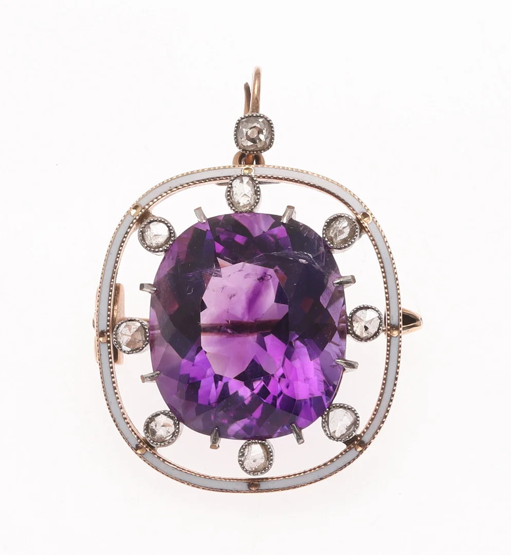 AN AMETHYST, ENAMEL AND DIAMOND PENDANT BROOCH BY CHILD & CHILD. — Brooches & Pendants — Lawrences Auctioneers
