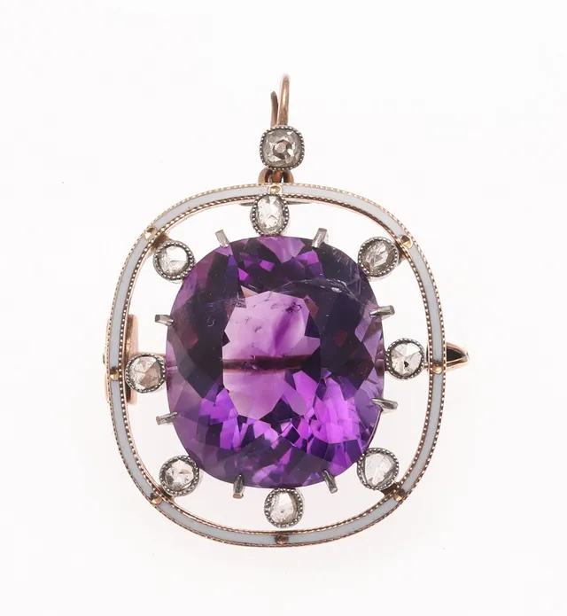 AN AMETHYST, ENAMEL AND DIAMOND PENDANT BROOCH BY CHILD & CHILD.